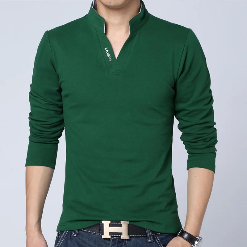 2024 New Fashion Men Cotton Polo Shirt, Leisure Stand Collar Long Sleeve Mens V Neck POLO Shirts, Asian Size Male T-shirt Top
