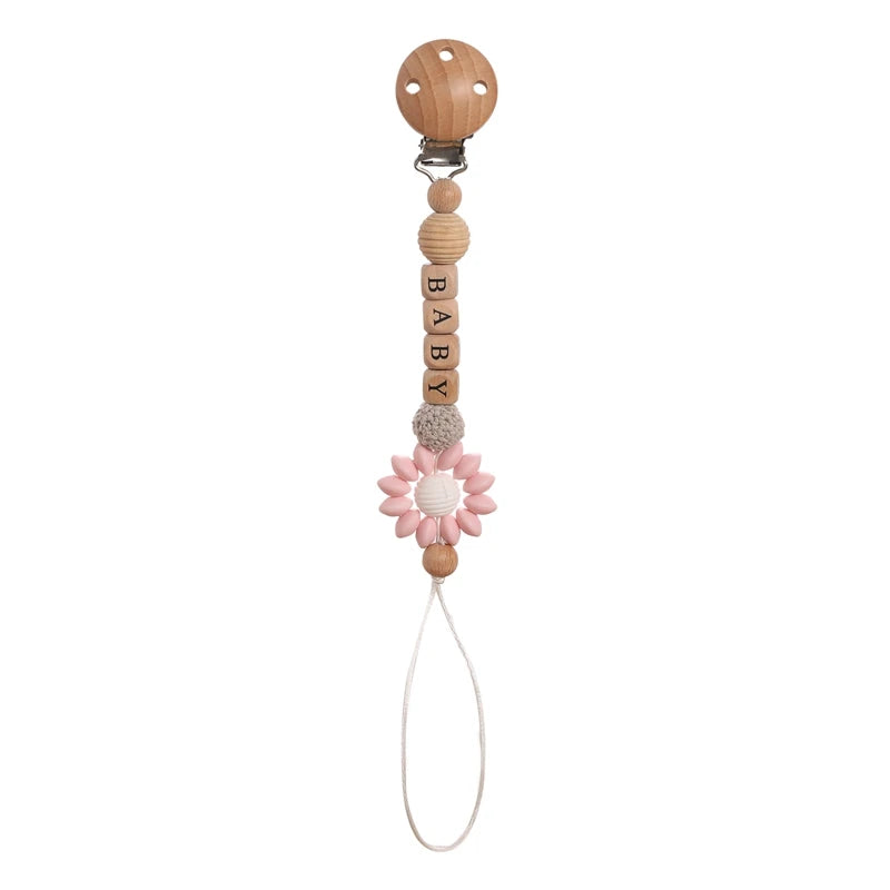 1pc Personalized Name Baby Pacifier Clips Chain Sunflower Wood Pacifier Clips Safe Teething Chain Soother Chew Toy Dummy Clips