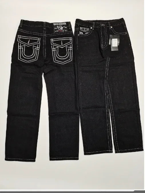 Red True Faith Embroidered Jeans Vintage Street Hip Hop Gothic Loose Casual Denim Trousers Couples baggy pants y2k clothes