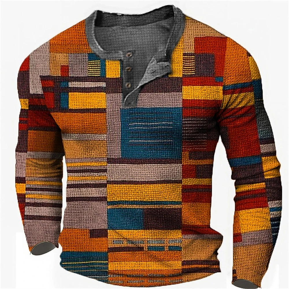 Men's Cotton T Shirt Color Block Graphic Tshirt Print Henley Shirt Oversized Apparel Outdoor Casual Long Sleeve Button Clothing
