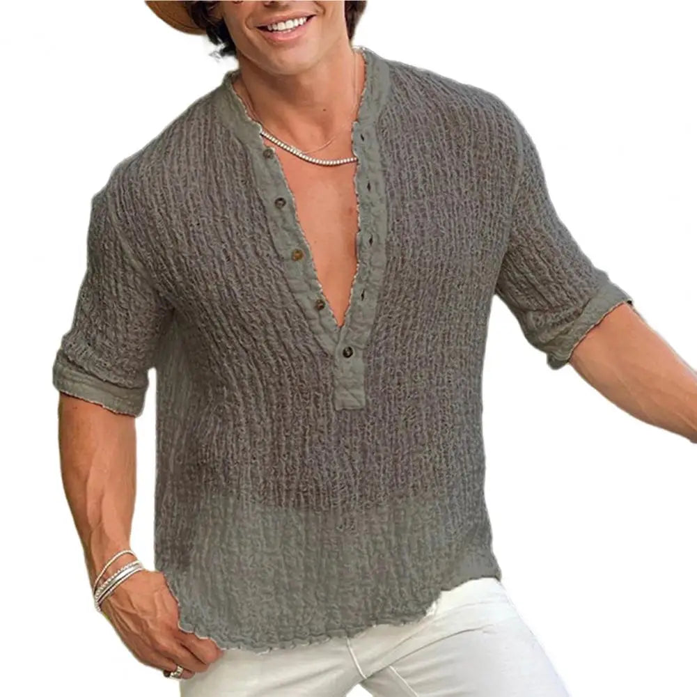 Vintage Solid Color Cotton Linen Men's Tops Spring Summer Casual Loose Half Sleeve Button V Neck Soft Shirts Leisure Mens Shirt