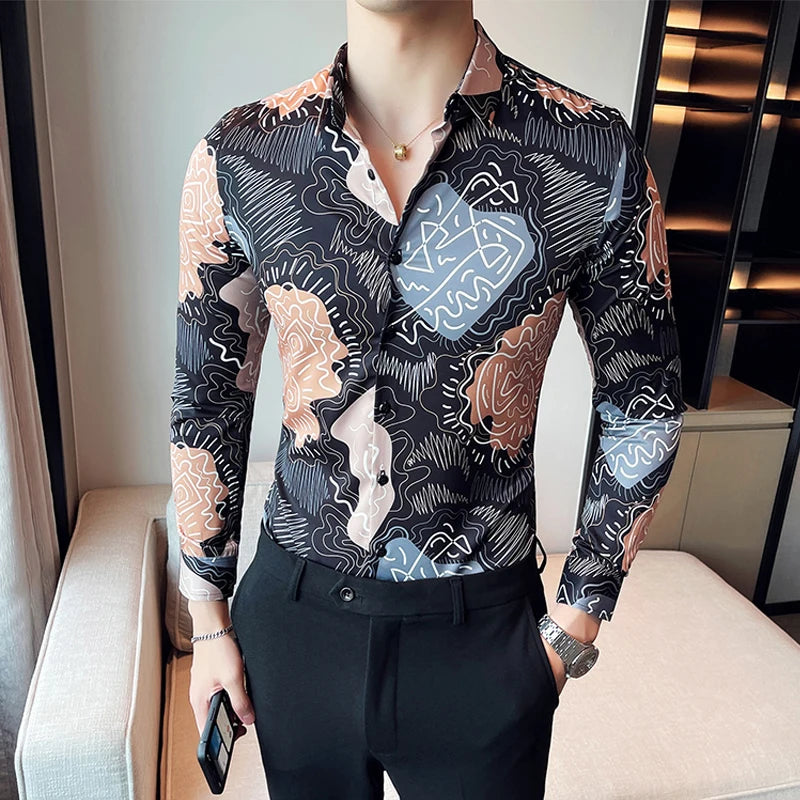 Luxury Long Sleeve Mens Baroque Shirts Dress Autumn Party Prom Wear Slim Fit Male Brand Clothing Striped Print Casual Shirt Men