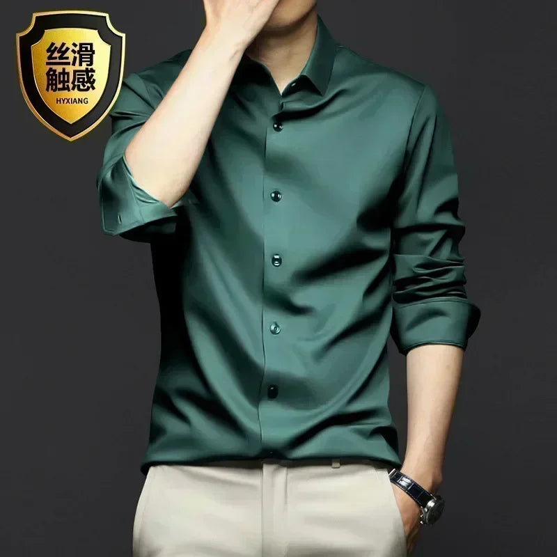 S-6XLHigh Quality Stretch Anti-Wrinkle Men Shirts Long Sleeve Dress Shirts For MaleSlim Social Business Blouse Solid Color Shirt
