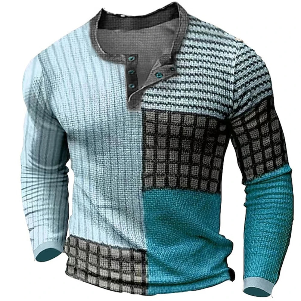 Men's Cotton T Shirt Color Block Graphic Tshirt Print Henley Shirt Oversized Apparel Outdoor Casual Long Sleeve Button Clothing