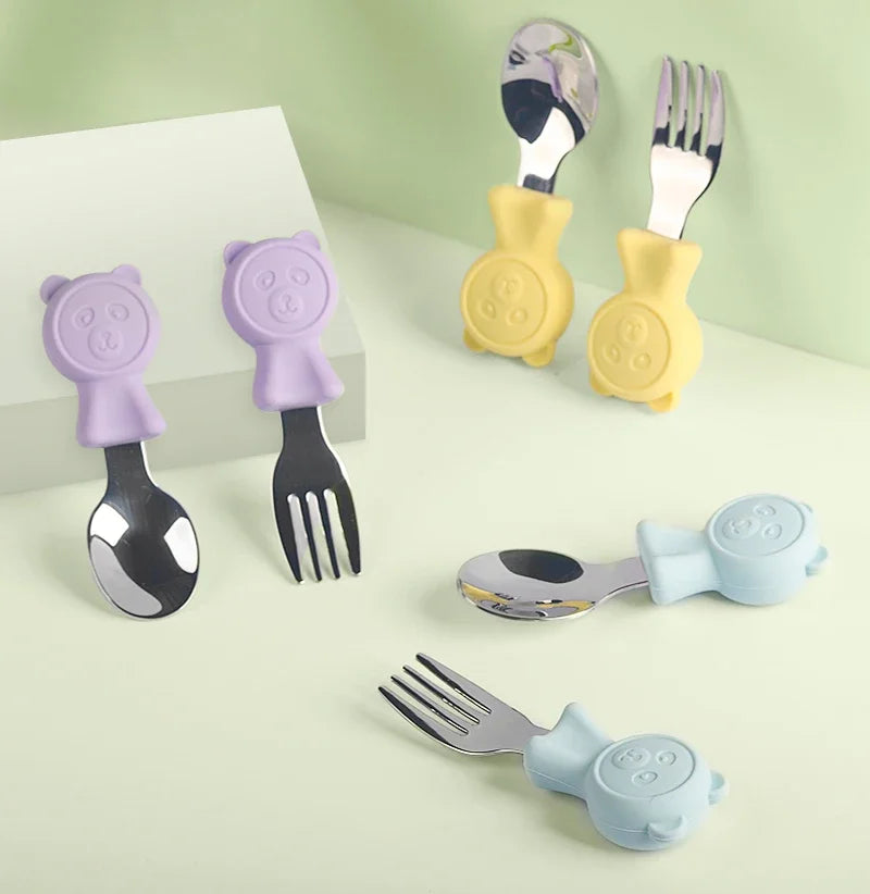 Cartoon Stainless Steel Kids Spoon Fork Set Baby Feeding Kid Children's Cutlery for Kids Food Feed Training Toddler Dinnerware