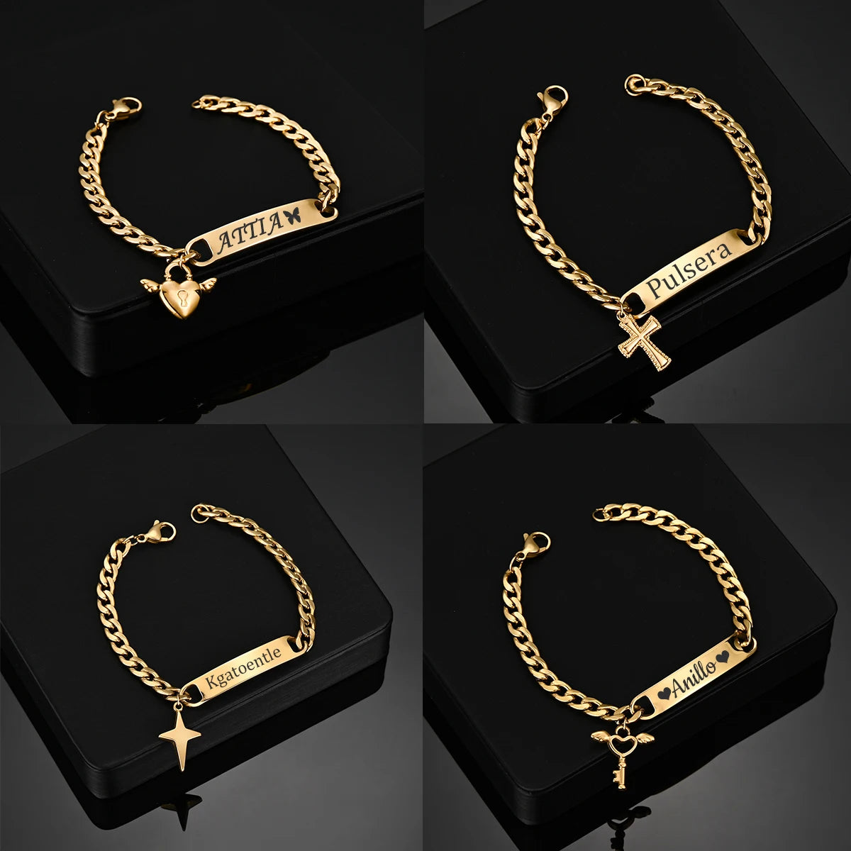 Atoztide Engrave Name Cross Heart Bracelet Stainless Steel For Men Women Adjustable Cuban Chain Personalized Jewelry Gift