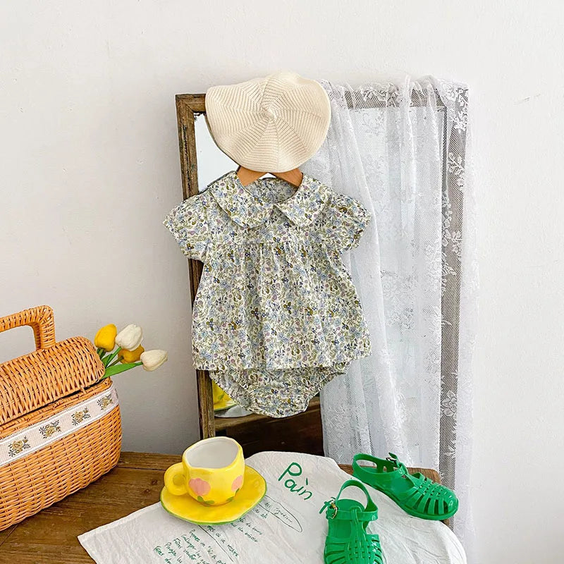 Korean Style Flower Summer 2024 Short Sleeves Tops+PP Shorts Suit Baby Girls Clothes Infant Baby Girls Clothing Suit
