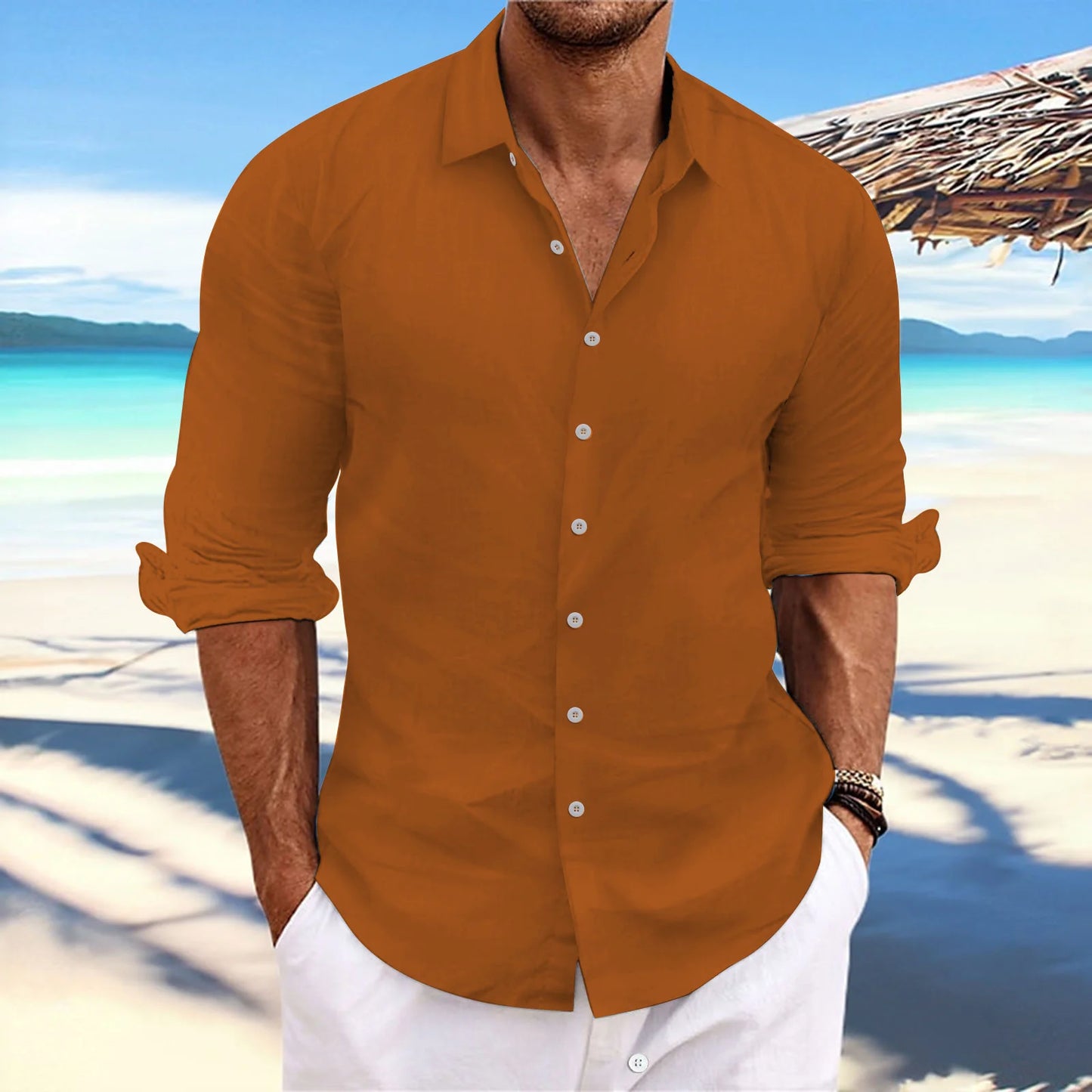 Men's Linen Long-Sleeved Shirts Spring Autumn 100%Cotton Solid Color Turn-down Collar Casual Style Plus