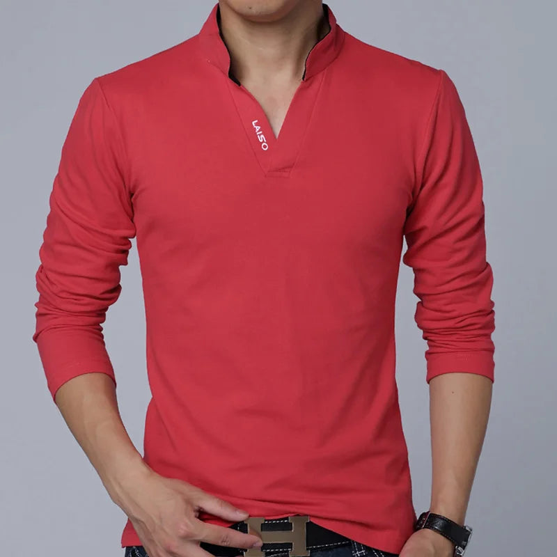 2024 New Fashion Men Cotton Polo Shirt, Leisure Stand Collar Long Sleeve Mens V Neck POLO Shirts, Asian Size Male T-shirt Top