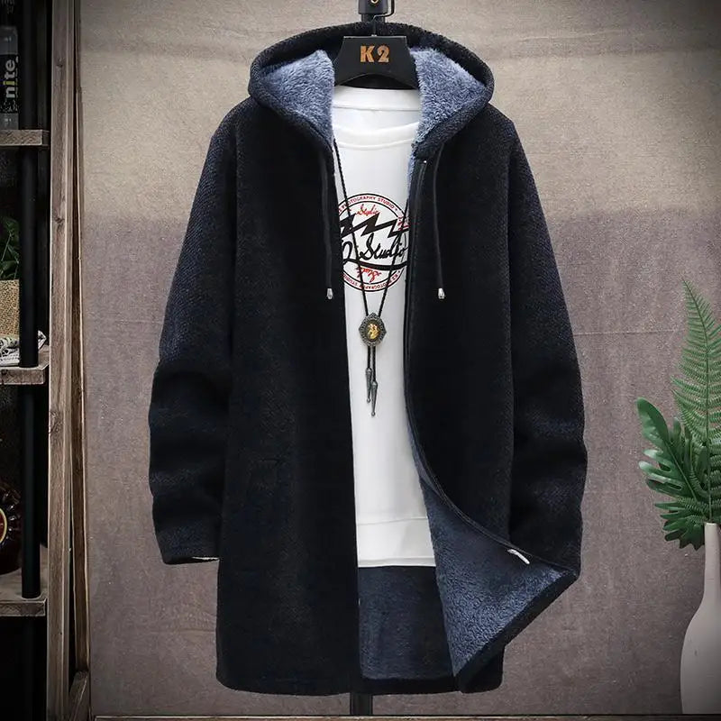 Winter Men Sweater Fleece Cardigan Jacket Men's Slim Sweaters Winter Long Hooded Sweater Thick Warm Coat Mens Clothing 2022