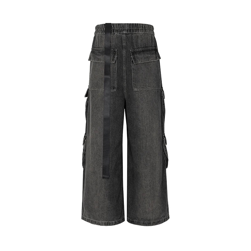 RO Style Ribbons Wide Leg Multi-Pockets Smoke Grey Baggy Jeans for Men Straight Pantalones Hombre Drawstring Denim Trousers
