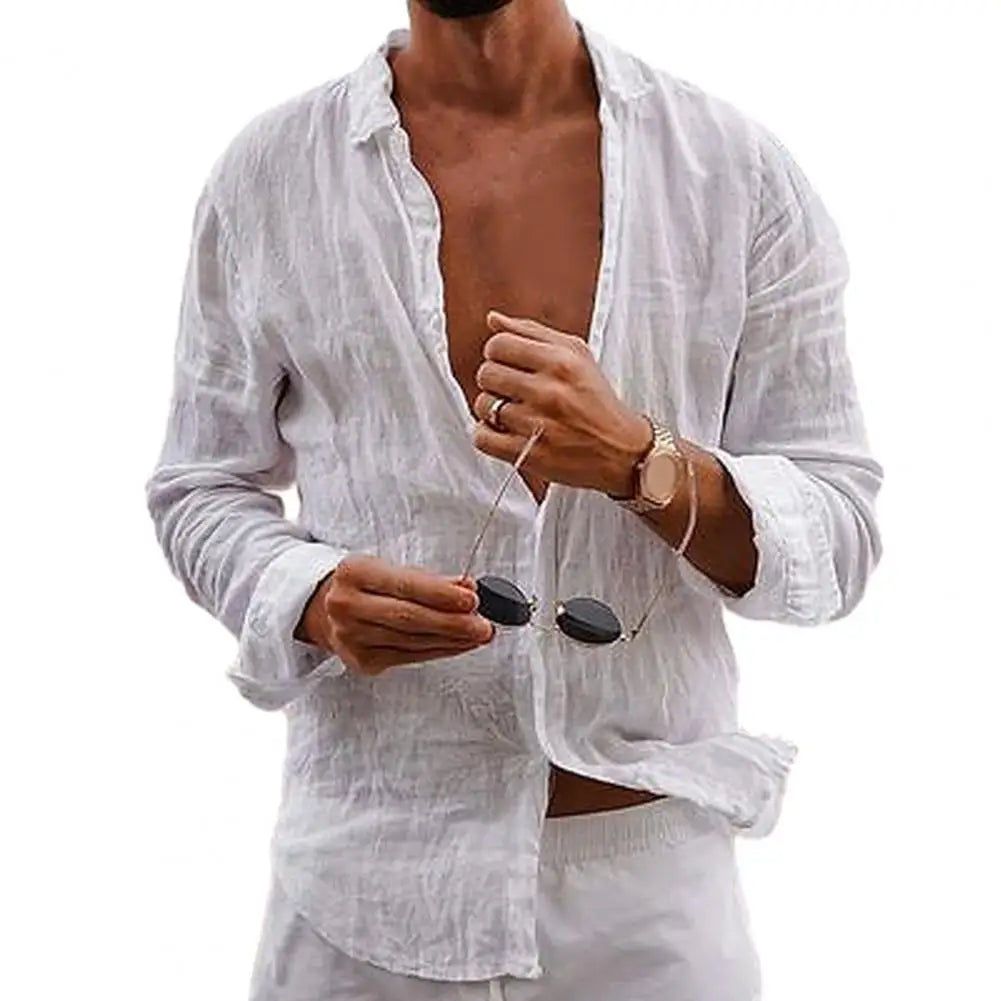 Cotton Linen Men Lapel Long Sleeve Shirt Tops Pleated Thin Solid Color Single Breasted V-neck Casual Shirt Tops Breathable Shirt