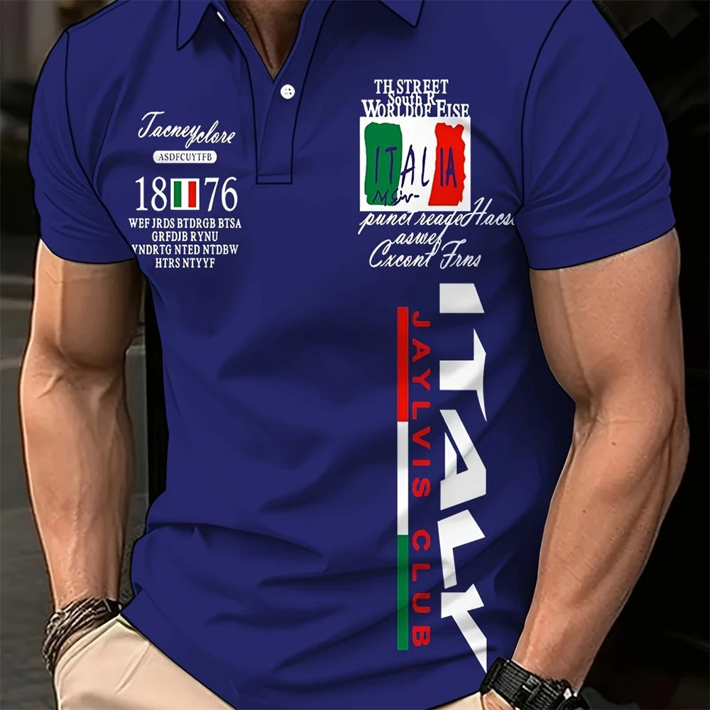 Fashion Men's Polo Shirt Italian Pattern Printed Summer Short Sleeve Casual Tie Button Large Size Men's Clothing Golf T Shirt