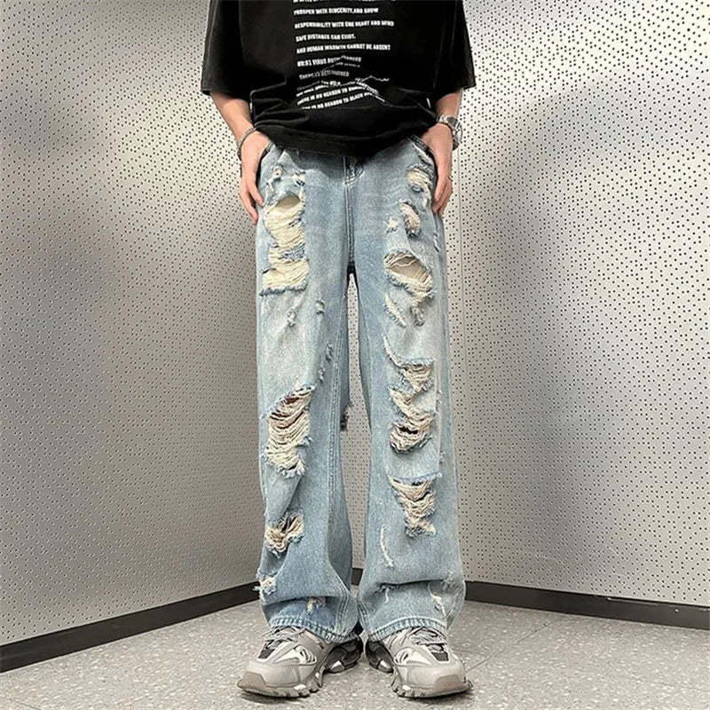 High Street Ripped Jeans Men's Clothing Solid Color Y2K Wide Leg Pants Spring Summer Button Pocket Loose Trousers A048