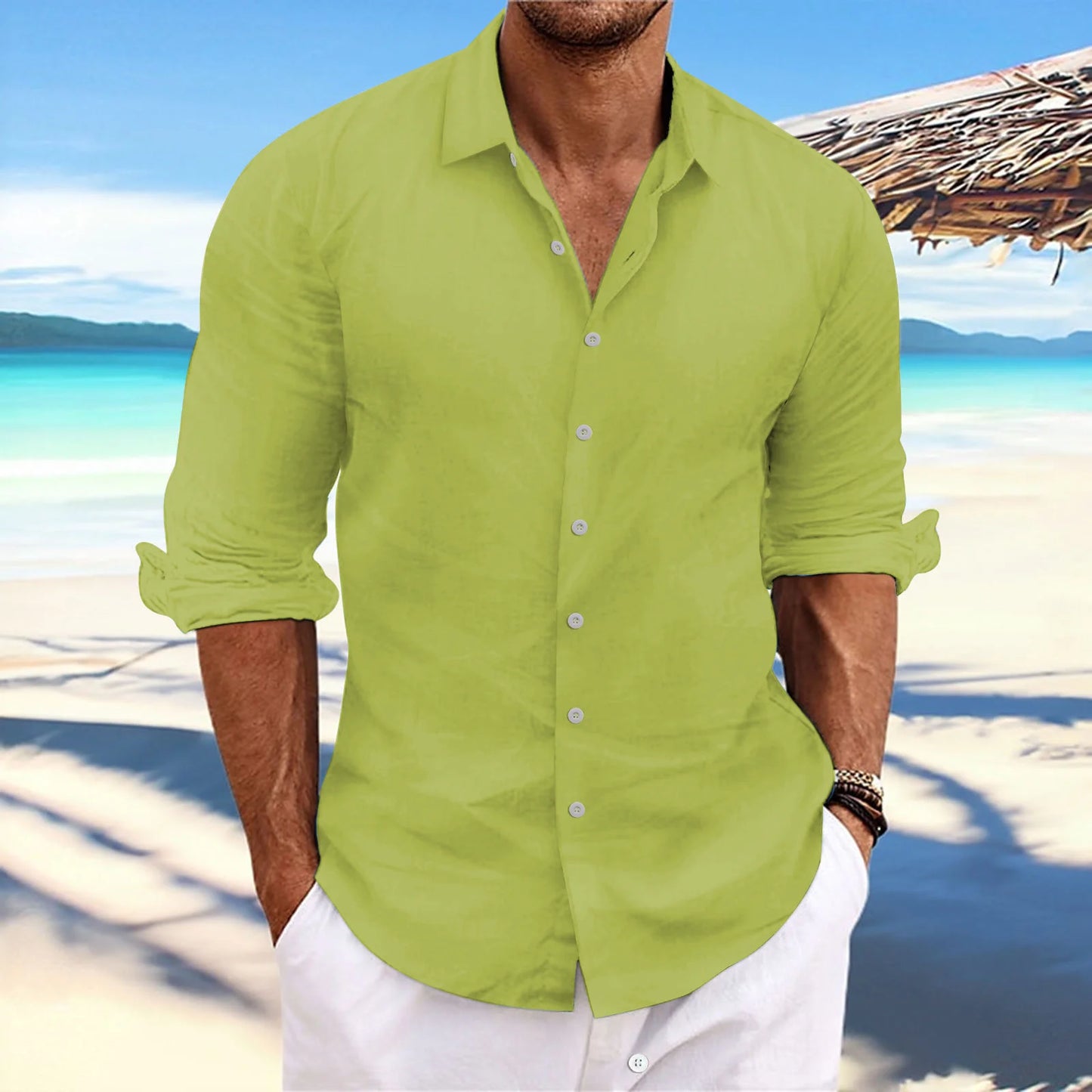 Men's Linen Long-Sleeved Shirts Spring Autumn 100%Cotton Solid Color Turn-down Collar Casual Style Plus