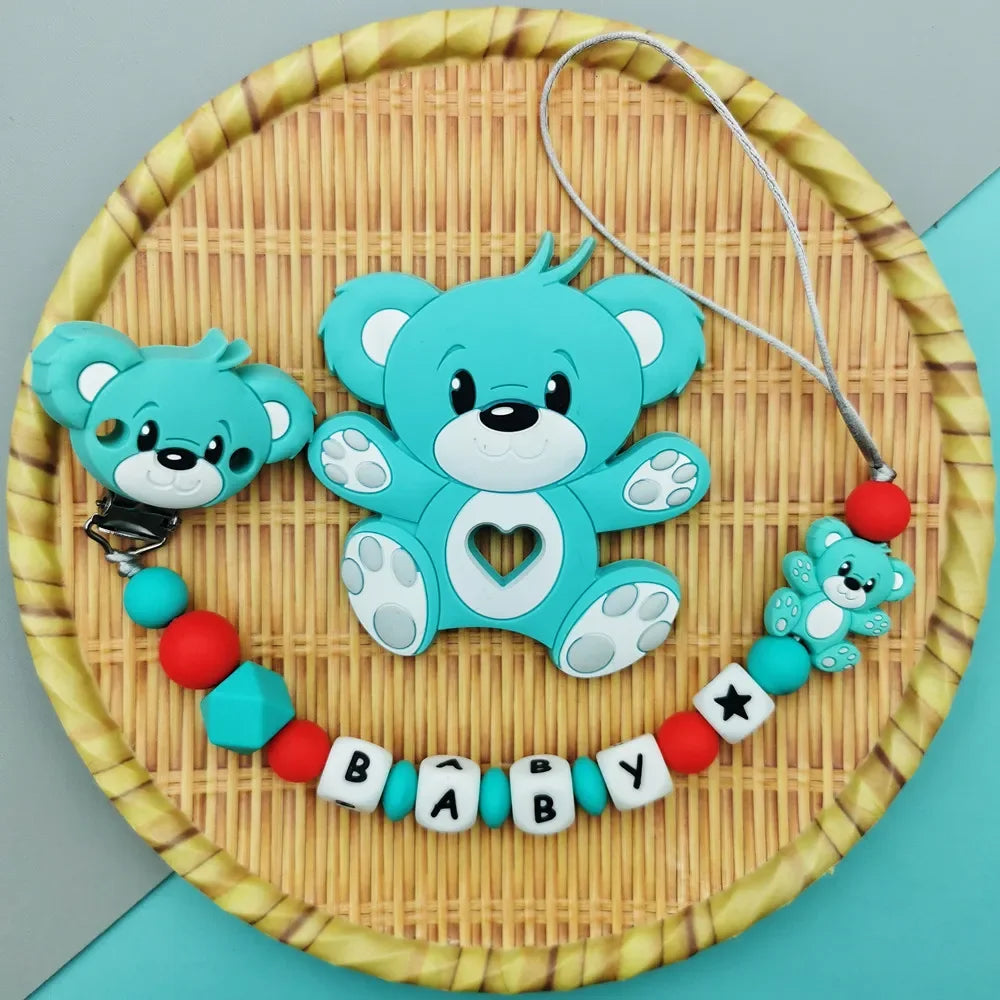 Custom English Russian Silicone Letter Name Baby Bear Silicone Beads Pendant Pacifier Clips Chains Teether Baby Kawaii Toy Gifts