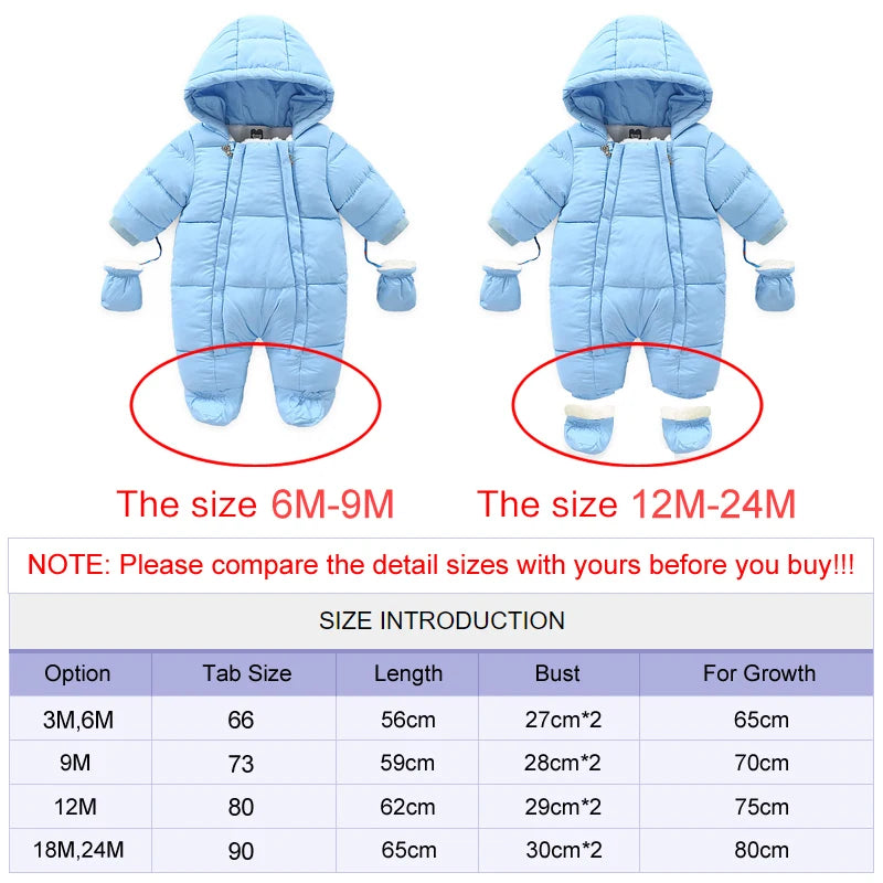 Ircomll Warm Infant Baby Jumpsuit Cotton Down Rompers Hooded Inside Fleece Boy Girl Winter Autumn Overalls Children Outerwear