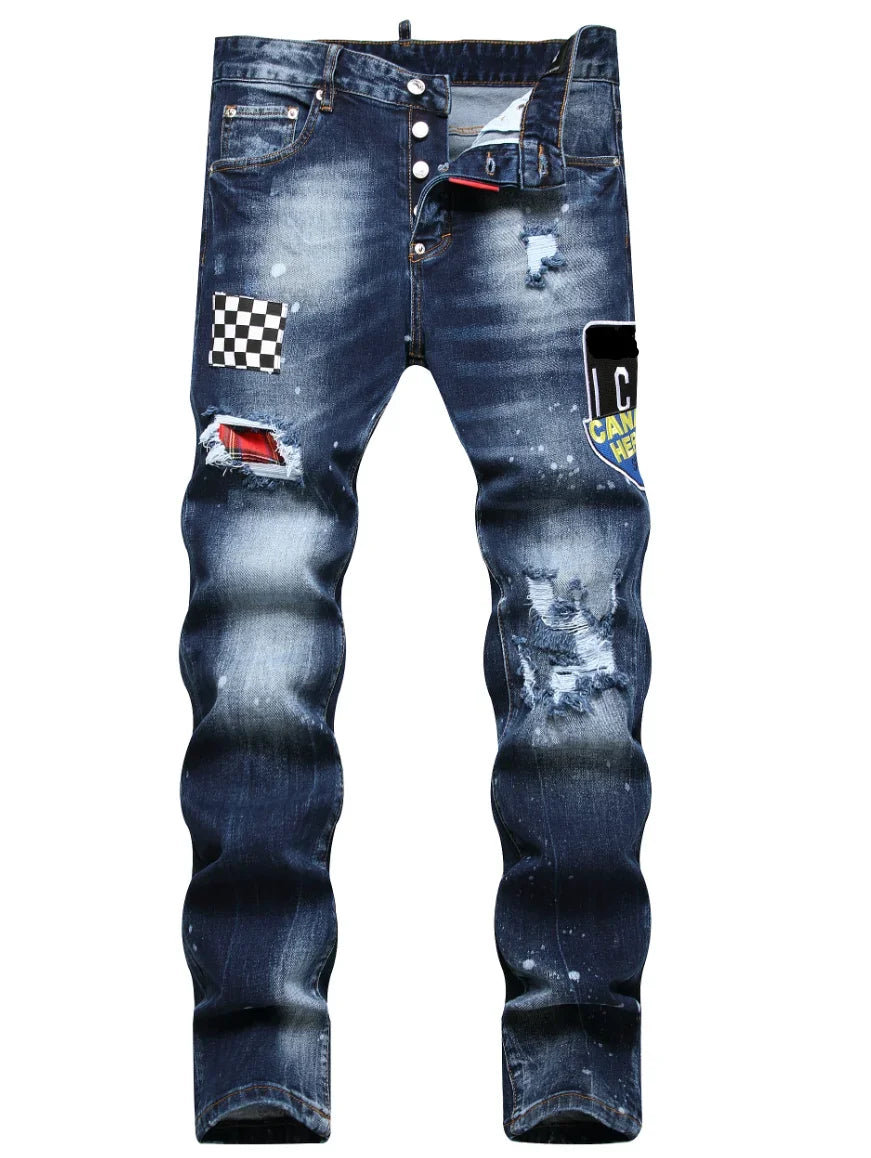 New Mens Ripped Jeans Luxury Men Skinny Jeans Light Blue Holes Pants Quality Male Stretch Slim Fashion Trousers Y2k Men Clothing
