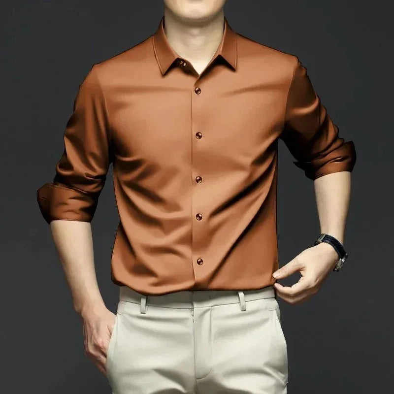 S-6XLHigh Quality Stretch Anti-Wrinkle Men Shirts Long Sleeve Dress Shirts For MaleSlim Social Business Blouse Solid Color Shirt
