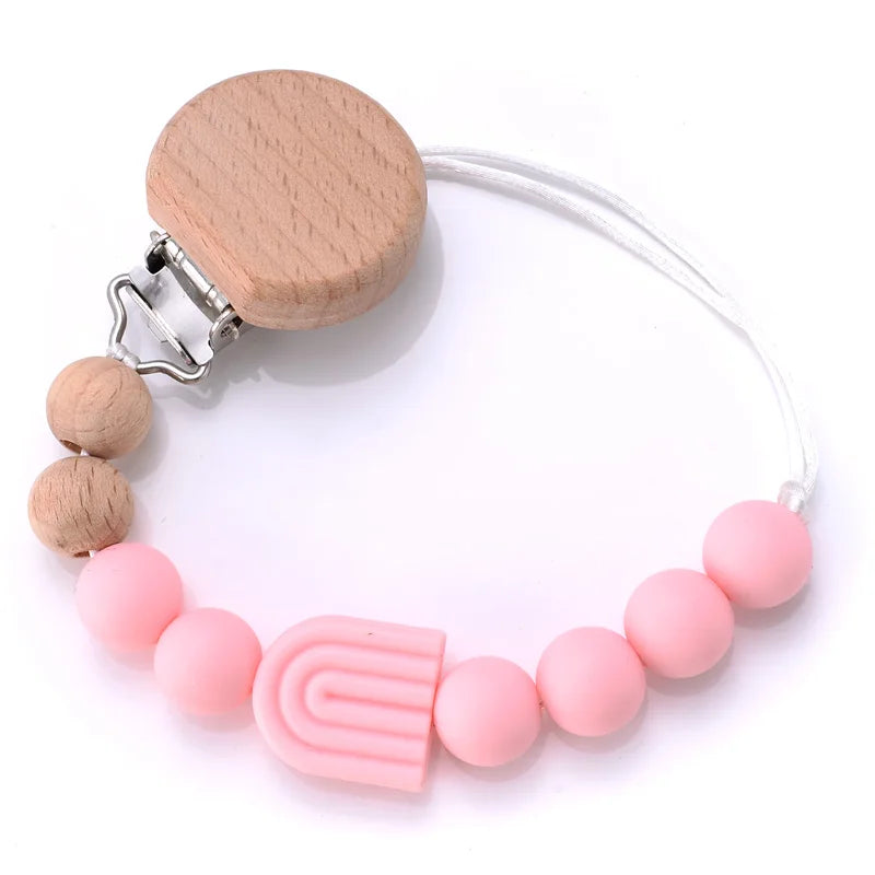 Baby Beech Pacifier Clip Baby Anti-drop Pacifier Chain Silicone Rainbow Beads Teething Chain Toy Gifts Dummy Holder Nipple Clip