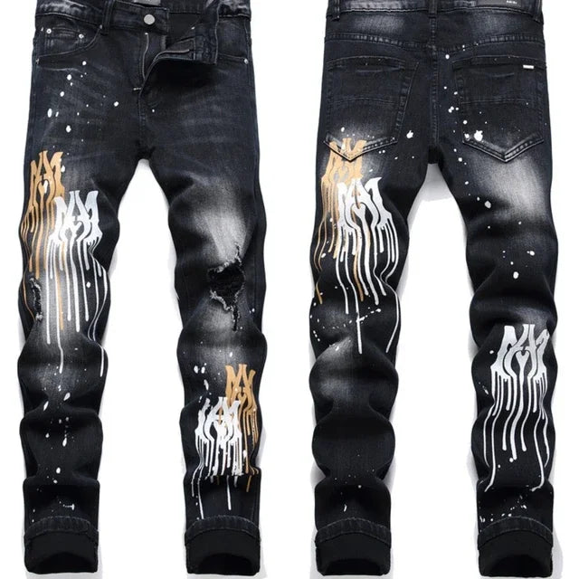 High Street Stretch Embroidery Men’s Jeans Ripped Streetwear Jeans Punk Style Pants for Man Slim Fashion Small Feet Men's Jeans