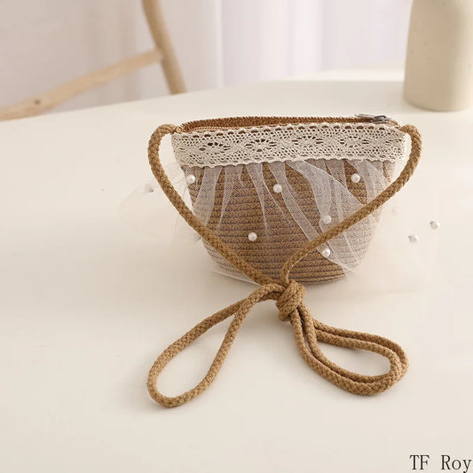 Kids Straw Hat Summer Fashion Lace Pearl Baby Girl Hat Bag Baby Travel Sun Protection Beach Hats Panama for 2-8 Years Kids