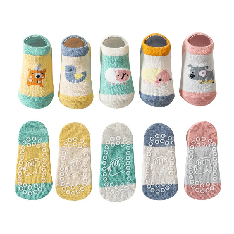 5Pairs/lot 2024 New 0-5Years Anti-slip Non Skid Ankle Socks With Grips For Baby Toddler Kids Boys Girls All Seasons Cotton Socks