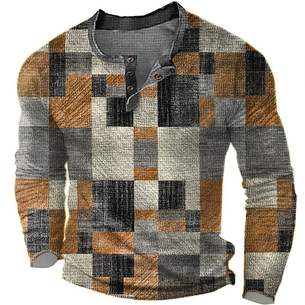 Men's Cotton T Shirt Color Block Graphic Tshirt Print Henley Shirt Oversized Apparel Outdoor Casual Long Sleeve Button Clothing