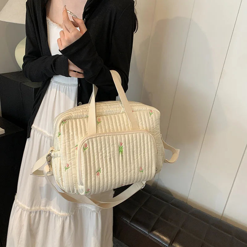 Cute Bear Flower Embroidery Pattern Baby Beige Cotton Fabric Zipper Diaper Handbag New Luggage Bag