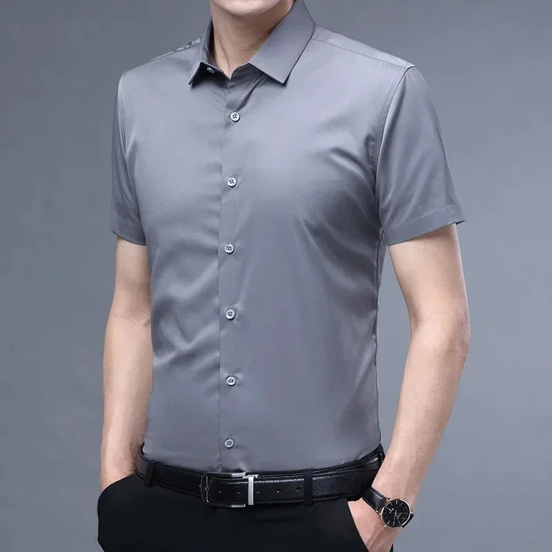 S-6XLHigh Quality Stretch Anti-Wrinkle Men Shirts Long Sleeve Dress Shirts For MaleSlim Social Business Blouse Solid Color Shirt