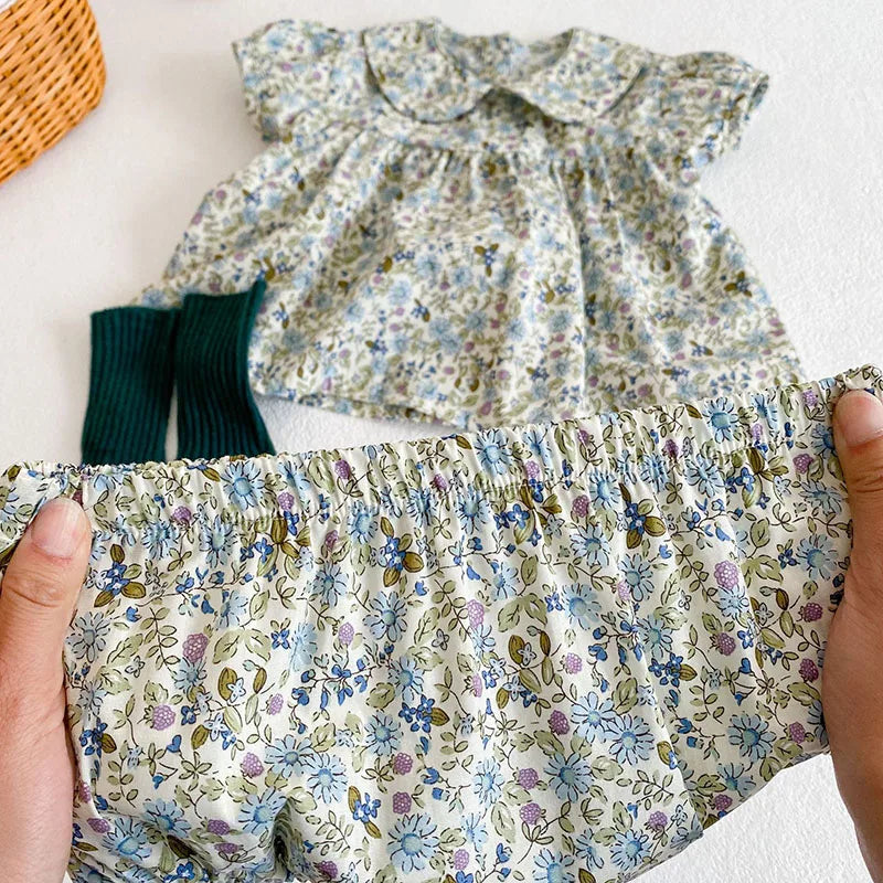 Korean Style Flower Summer 2024 Short Sleeves Tops+PP Shorts Suit Baby Girls Clothes Infant Baby Girls Clothing Suit