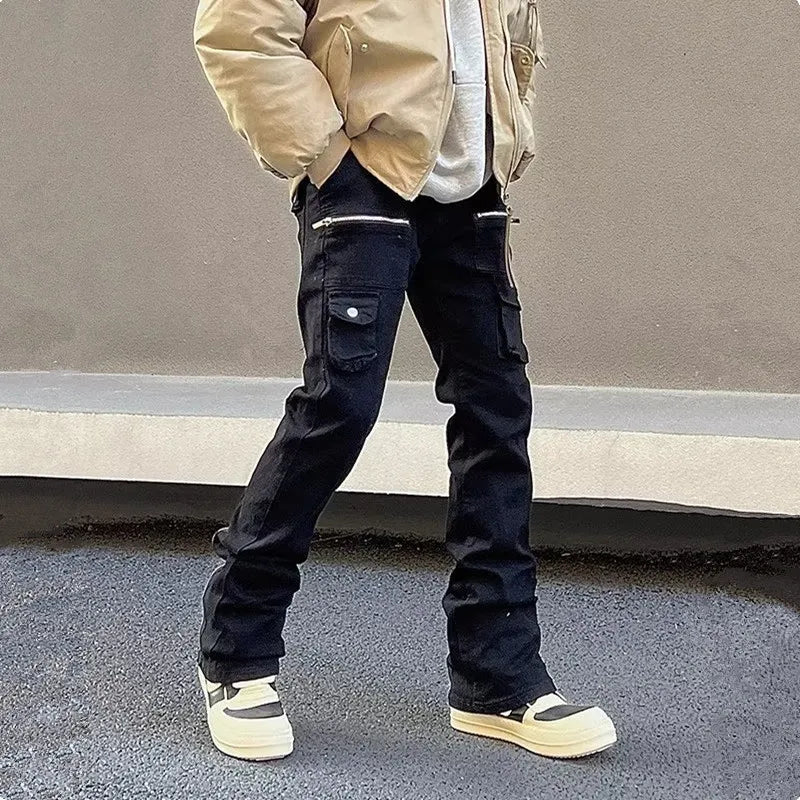 2023 Y2K Fashion Zipper Black Flared Jeans Cargo Pants For Men Designer Clothes Straight Solid Casual Long Trousers Ropa Hombre