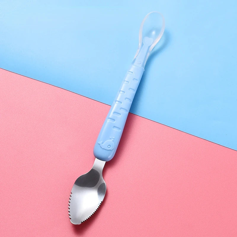 Baby Double Head Silicone Stainless Steel Children Utensil Toddler Infant Food Eating Fruit Scraping Mud Spoon Feeding Tableware