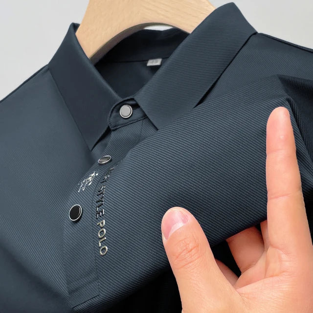 Ice Silk Embroidered Polo Shirt 2023 New Autumn/summer Polo Neck Elastic T-shirt Korean Fashion Short Sleeve Casual Men's Clothi