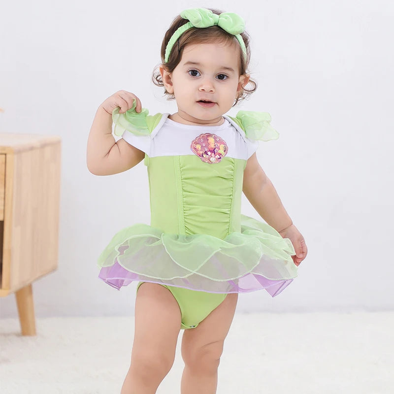 Fancy Fairy Baby Romper Elsa Ariel Belle Rapunzel Princess Costume 1 Year Birthday Tutu Dress Lace Headband Christening Baptism