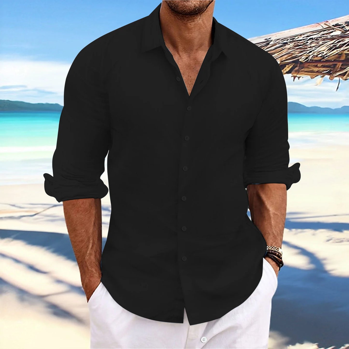 Men's Linen Long-Sleeved Shirts Spring Autumn 100%Cotton Solid Color Turn-down Collar Casual Style Plus