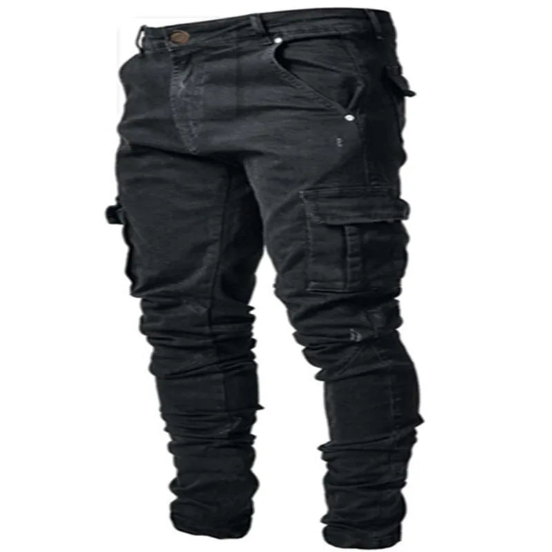 2024 Spring Summer New Men's Clothing Solid Color Stretch Multi-Bag Skinny Pants Slim Slimming Denim Cargo Pants Jeans
