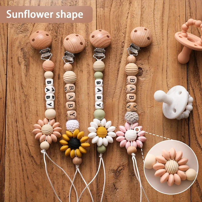 1pc Personalized Name Baby Pacifier Clips Chain Sunflower Wood Pacifier Clips Safe Teething Chain Soother Chew Toy Dummy Clips