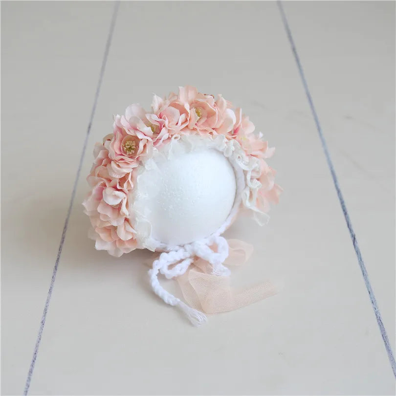 Vintage Newborn Floral Bonnet Baby girl Hat For Photography Knitted Newborn Garden Flower Bonnet For Photo Shoot Props