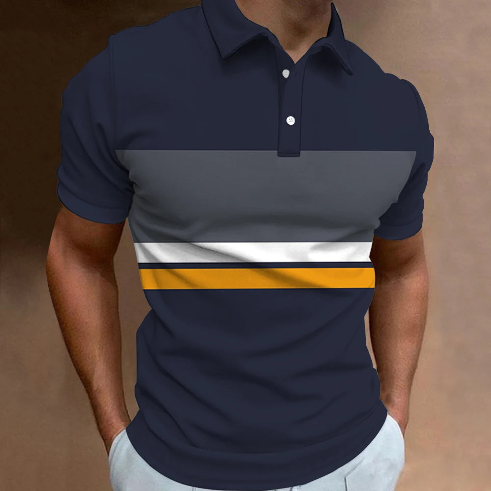 New Men‘S Polo Shirt Stripe Print Simple Male Clothing Summer Casual Short Sleeve Loose Oversize Shirt Fashion Breath Sweatshirt