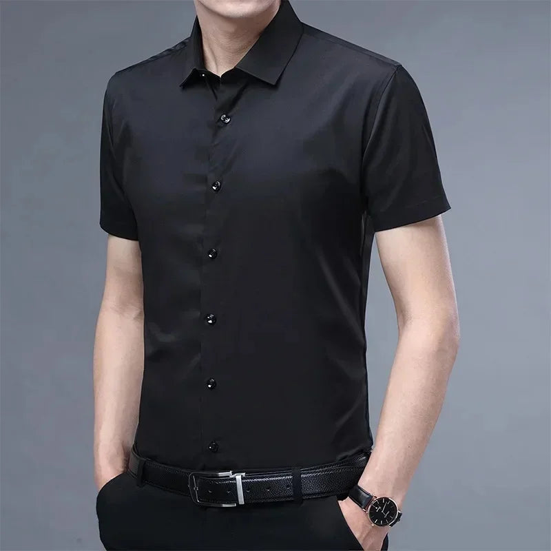 S-6XLHigh Quality Stretch Anti-Wrinkle Men Shirts Long Sleeve Dress Shirts For MaleSlim Social Business Blouse Solid Color Shirt