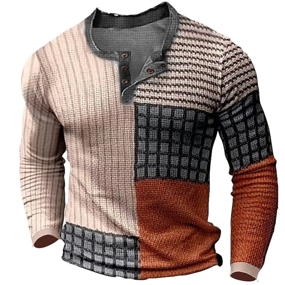 Men's Cotton T Shirt Color Block Graphic Tshirt Print Henley Shirt Oversized Apparel Outdoor Casual Long Sleeve Button Clothing