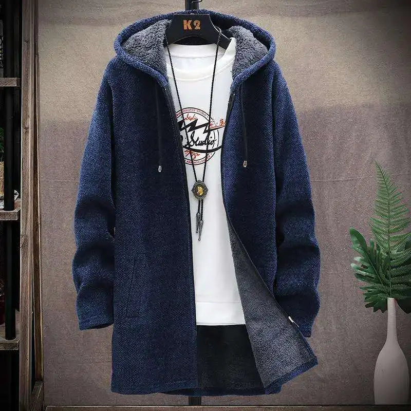 Winter Men Sweater Fleece Cardigan Jacket Men's Slim Sweaters Winter Long Hooded Sweater Thick Warm Coat Mens Clothing 2022
