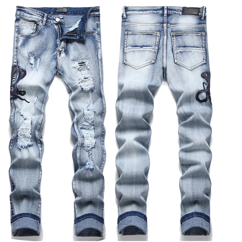 High Street Stretch Embroidery Men’s Jeans Ripped Streetwear Jeans Punk Style Pants for Man Slim Fashion Small Feet Men's Jeans