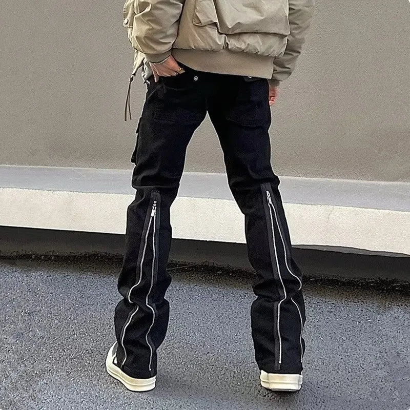 2023 Y2K Fashion Zipper Black Flared Jeans Cargo Pants For Men Designer Clothes Straight Solid Casual Long Trousers Ropa Hombre