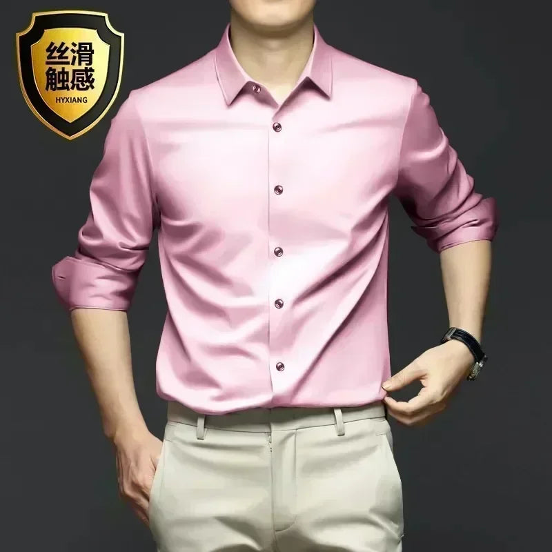S-6XLHigh Quality Stretch Anti-Wrinkle Men Shirts Long Sleeve Dress Shirts For MaleSlim Social Business Blouse Solid Color Shirt