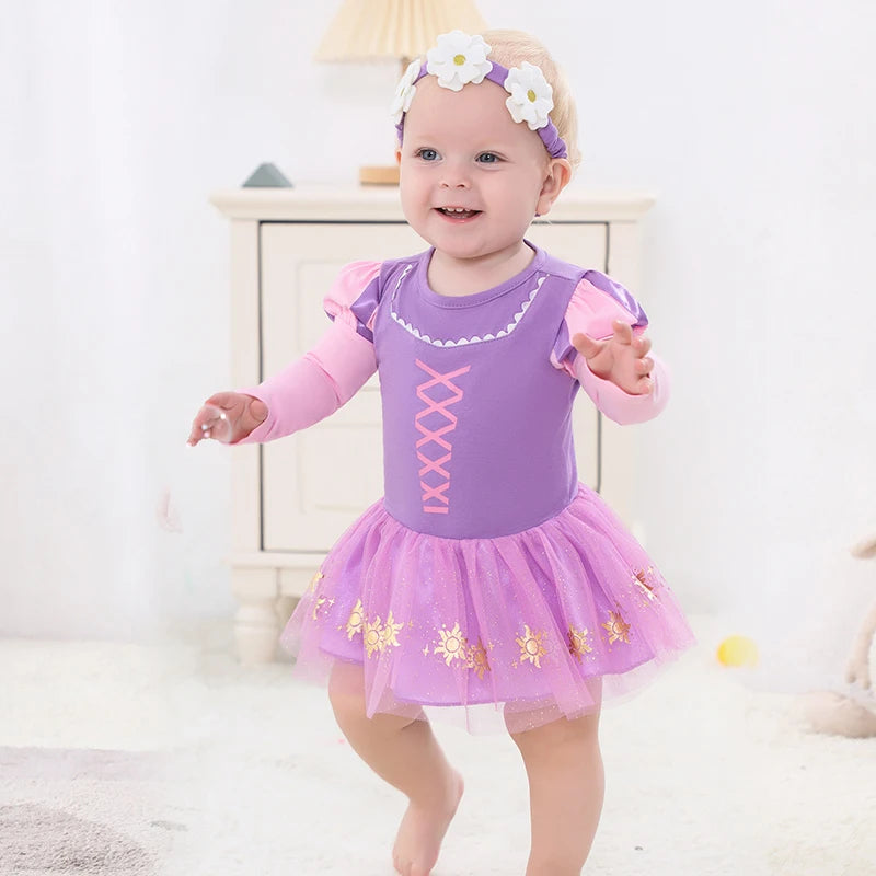 Fancy Fairy Baby Romper Elsa Ariel Belle Rapunzel Princess Costume 1 Year Birthday Tutu Dress Lace Headband Christening Baptism