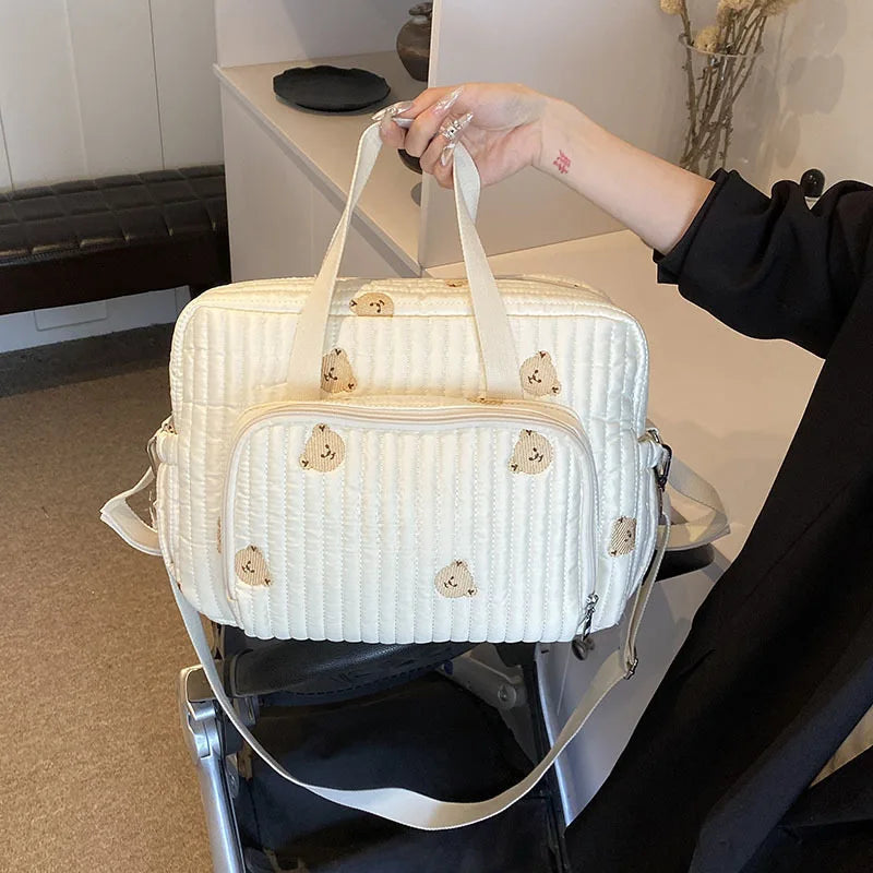 Cute Bear Flower Embroidery Pattern Baby Beige Cotton Fabric Zipper Diaper Handbag New Luggage Bag