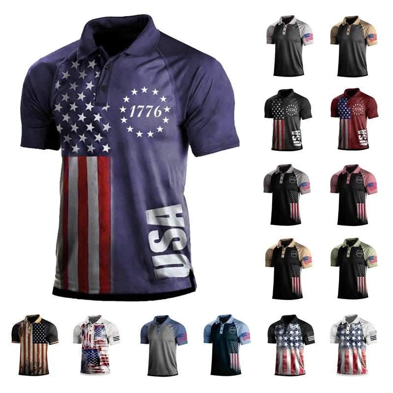 Summer Mens Polo Shirt Causal Fashion Sweatshirt America Flag 3D Printed T Shirt Short Sleeve Homme Vintage Streetwear Loose Top