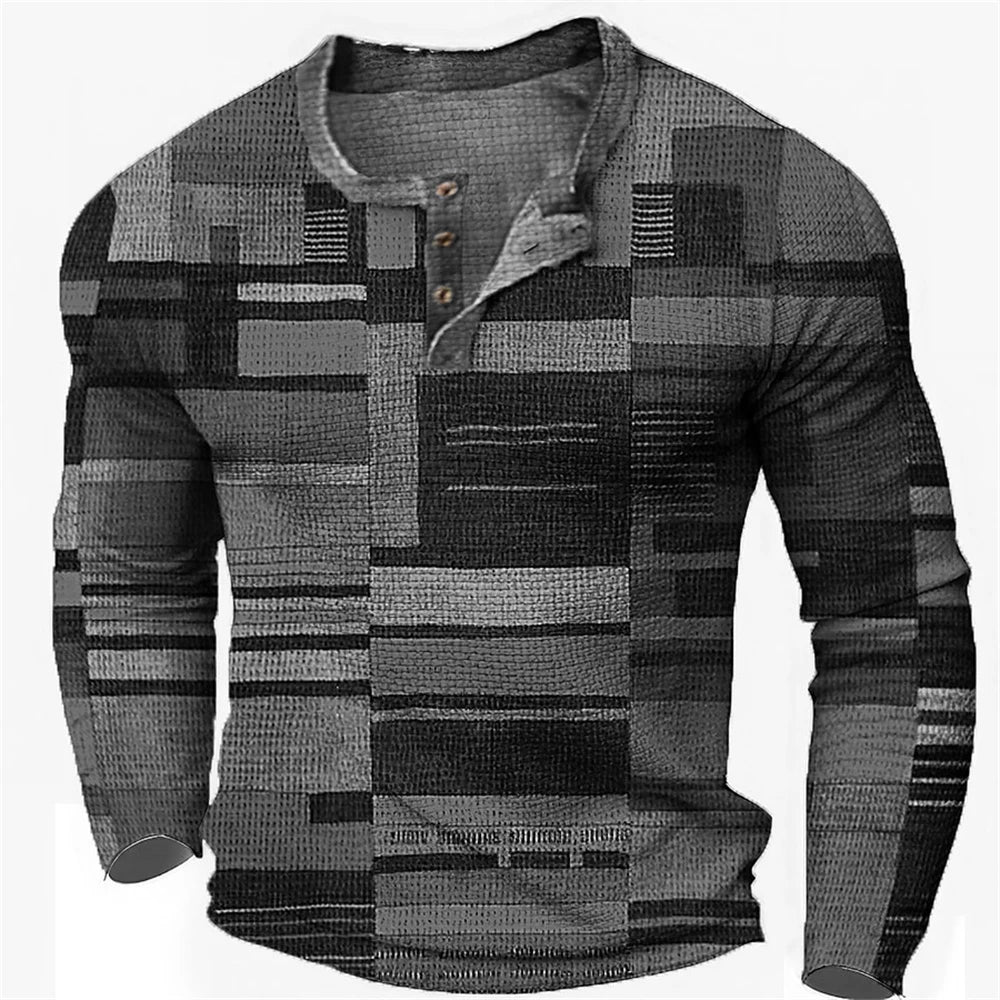 Men's Cotton T Shirt Color Block Graphic Tshirt Print Henley Shirt Oversized Apparel Outdoor Casual Long Sleeve Button Clothing